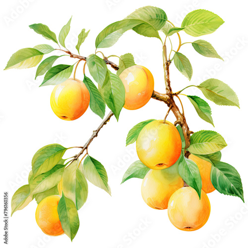 Watercolor yellow plum illustration isolated on transparent background.