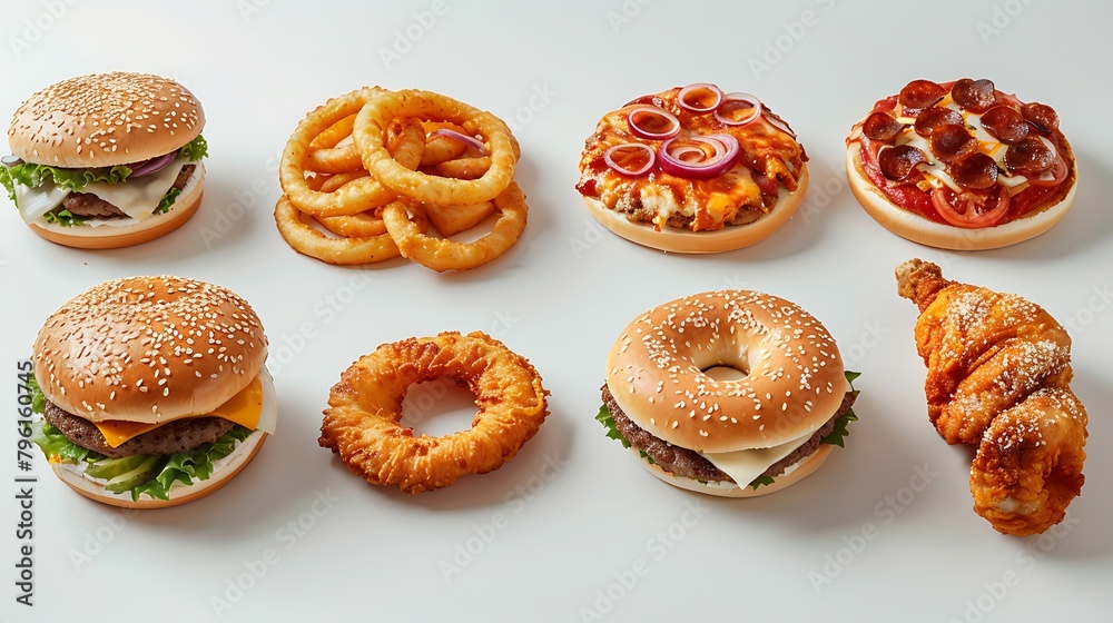 Fast food collection isolated on white background, onion rings, sandwich, fried chicken, pizza slice, hamburger, closeup abstract of different food items