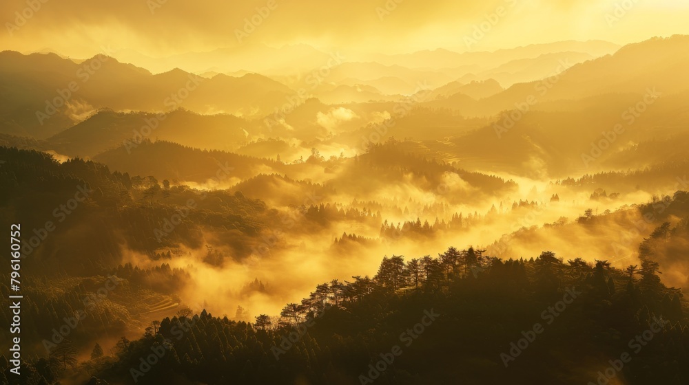Fototapeta premium A golden sunrise breaking through misty mountains, casting a serene glow over the landscape