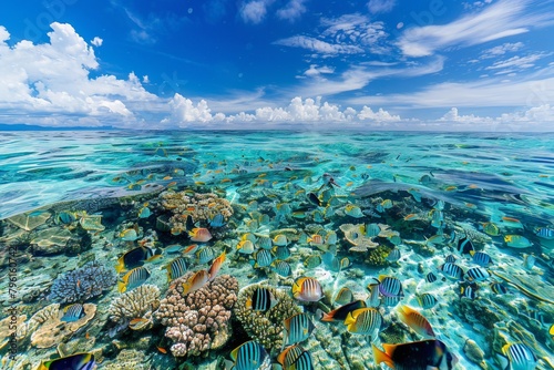 A panorama of a coral reef teeming with colorful fish, visible even from a distance through