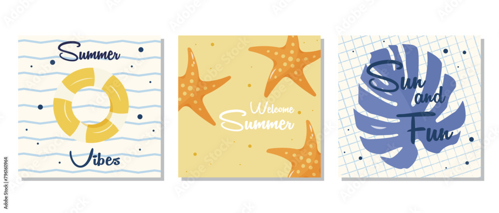 Set of summer cards with starfish,  life ring, and palm leaf vector illustration. The set is great for banners, posters, or social media posts. It is a vector illustration.