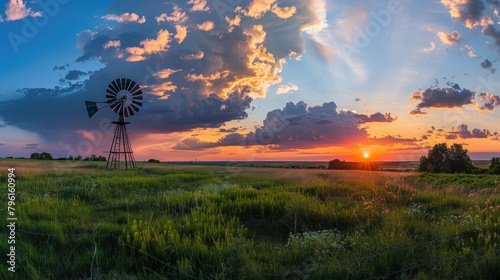 A panorama of a lush green meadow at sunset, with a rustic windmill silhouetted against the colorful sky