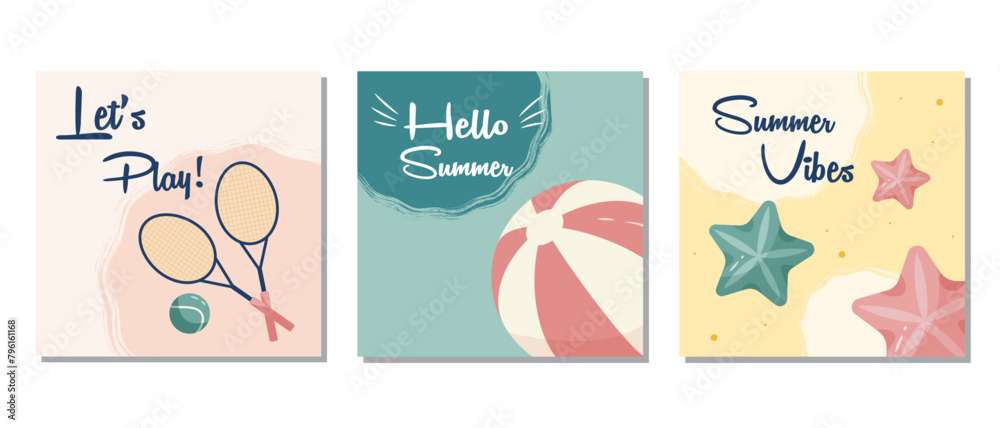 Set of summer posters with a beach ball, tennis racket, and starfish on a pastel background. Set of summer posters with a beach ball, tennis racket, and starfish on a pastel background.