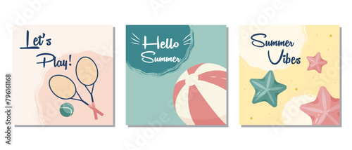 Set of summer posters with a beach ball, tennis racket, and starfish on a pastel background.  