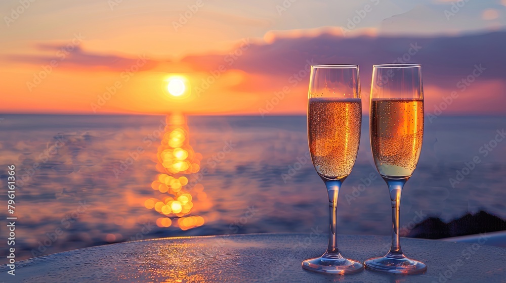 Romantic sunset champagne toast by the sea