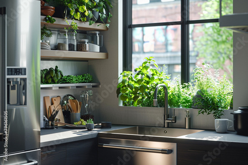 Modern urban kitchen interior with stainless steel appliances, open shelving, and herb garden on windowsill. Contemporary small kitchen design concept with industrial accents.