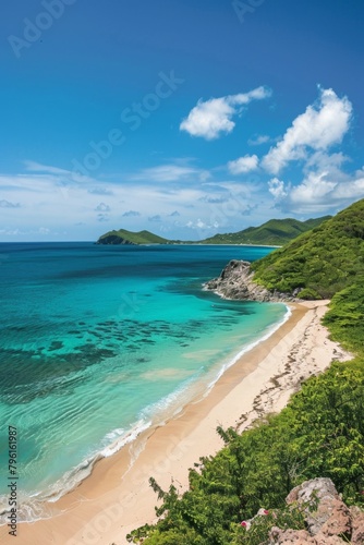 A panoramic view of a long  pristine beach stretching towards the horizon  flanked by lush green hills and crystal-clear turquoise water
