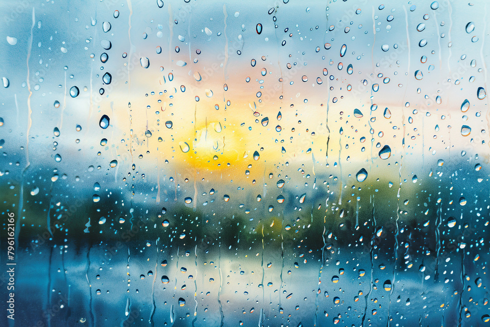 Raindrops on window and bokeh lights at evening. Watercolor illustration