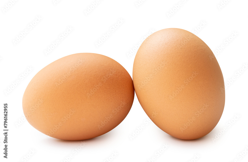 Front view of two brown chicken eggs isolated with clipping path and shadow in png file format Front view of two brown chicken eggs isolated with clipping path and shadow in png file format