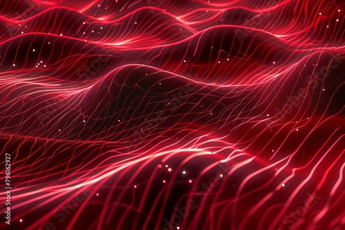 Waves of vine red cascade in a rhythmic pattern across a 3D linear texture background, resembling the undulating surface of a cosmic ocean under the glow of distant stars.