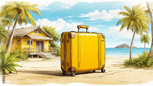 Illustration yellow suitcase on a tropical beach is a trip to the sea in a warm summer climate, a vacation tour in hotel. 
