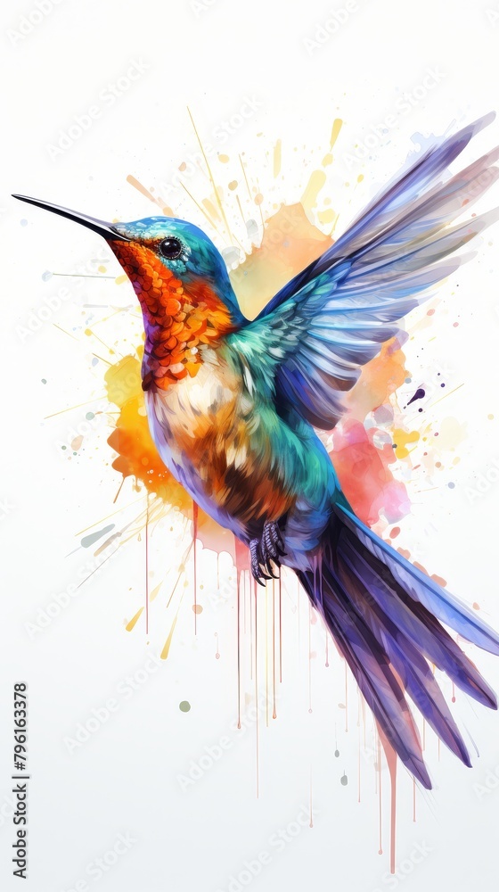 Obraz premium For an image inspired by your description, we could name it Vibrant Tropical Scene with Hummingbirds and Exotic Flowers This title captures the essence of the hummingbirds interacting with the colorfu