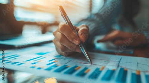 A hand holding a pen, pointing to a specific data point on a business graph during a presentation, highlighting key insights and trends.