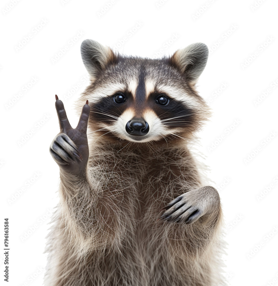 Obraz premium Raccoon showing sign peace on white background. Animal portrait