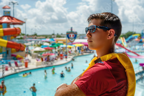 Lifeguard in orange cap overseeing a water park