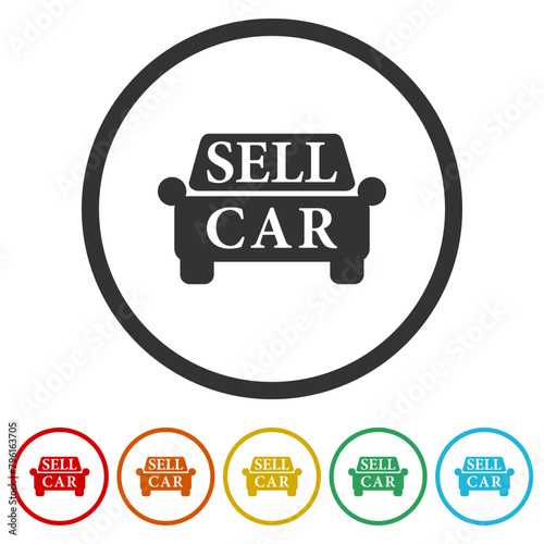 Sell car logo. Set icons in color circle buttons