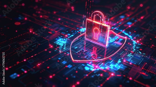 Cybersecurity: A 3D vector illustration of a shield with a lock