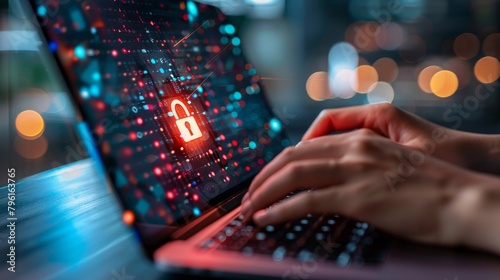 Cybersecurity: A photo of a person typing on a laptop with a secure lock icon on the screen