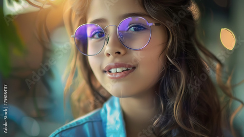 Cute girl with glasses smiling looking at camera, AI Generative.