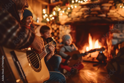 Cozy scene with a father playing guitar by a campfire with children