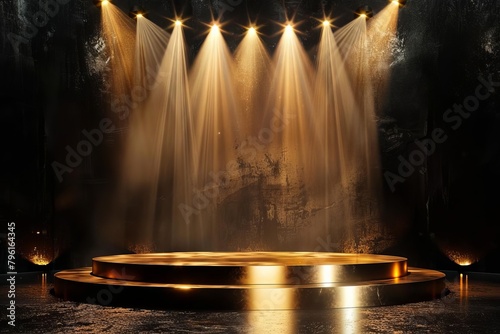 Opulent golden podium under dazzling spotlights against a sleek black backdrop