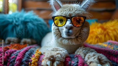 Alpacas in sunglasses adding humor to the farmyard scene. Concept Alpacas, Sunglasses, Farmyard, Humor, Animal Portraits photo