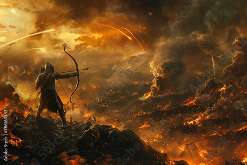 Show a lone archer positioned on a hill their arrow finding its target amidst the chaos of the battlefield photo
