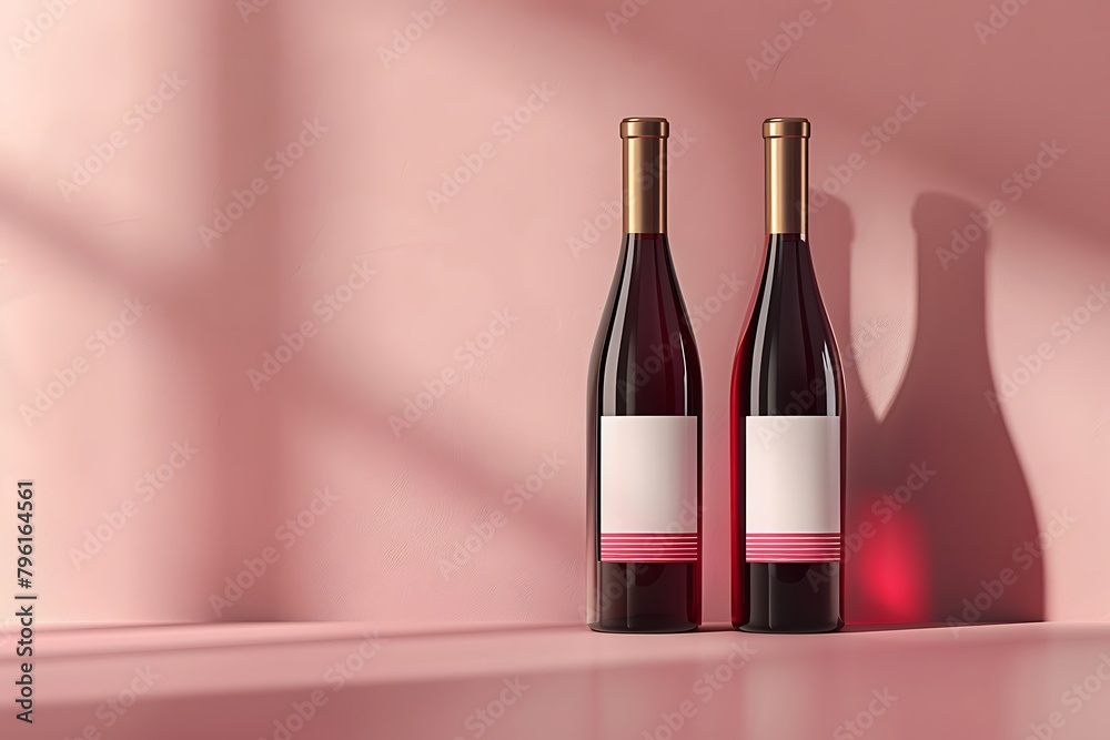 two bottles of wine isolated on pink background, mockup with minimalistic label design in light pastel pink color, card with copy space two bottles of wine isolated on pink background, mockup with minimalistic label design in light pastel pink color, card with copy space