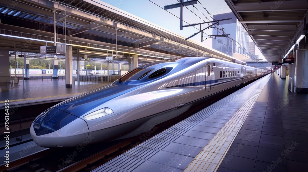 A high-speed bullet train departing from a sleek modern station, symbolizing the efficiency and speed of rail travel in the contemporary world. A high-speed bullet train departing from a sleek modern station, symbolizing the efficiency and speed of rail travel in the contemporary world.