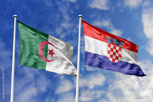3d illustration. Algeria and Croatia Flag waving in sky. High detailed waving flag. 3D render. Waving in sky. Flags fluttered in the cloudy sky. photo
