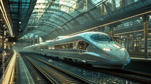 A high-speed bullet train departing from a sleek modern station, symbolizing the efficiency and speed of rail travel in the contemporary world.