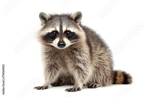 Sitting raccoon isolated on white background. Front view cute animal photo