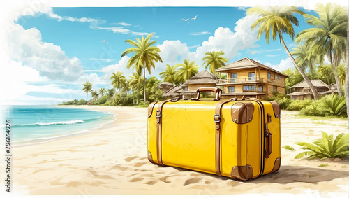 Illustration yellow suitcase on a tropical beach is a trip to the sea in a warm summer climate  a vacation tour in hotel. 