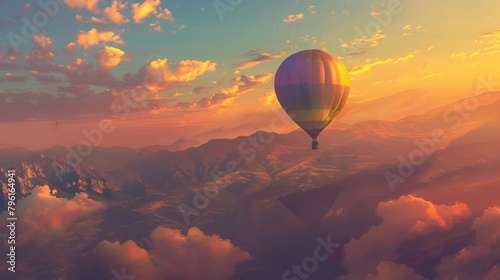 A hot air balloon ascending into the early morning sky, its colorful envelope glowing in the dawn light as it carries passengers on a tranquil journey above the earth. photo