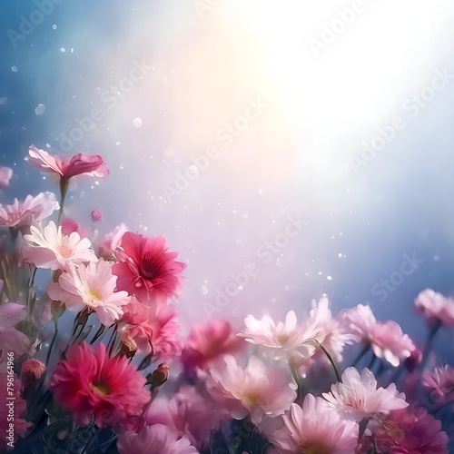 Beautiful fantasy flowers in pink and red on a gray-blue background with a sunny glow and highlights