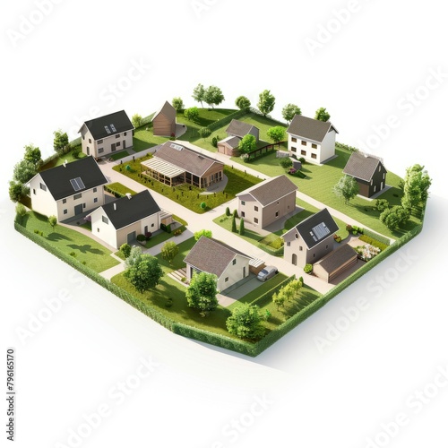 3D Render of a rural housing estate with farmhouses and barns, on isolated white background, Generative AI