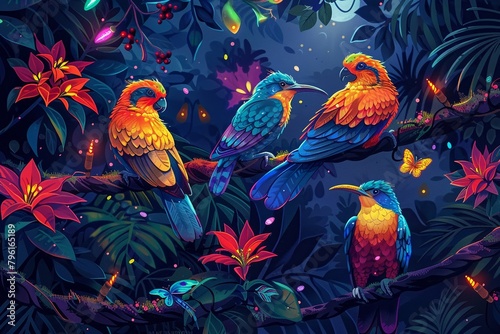 Vibrant Christmas scene in the jungle with tropical birds perched on a tree adorned with bright, natural ornaments and twinkling fireflies , impressive cubism art style photo