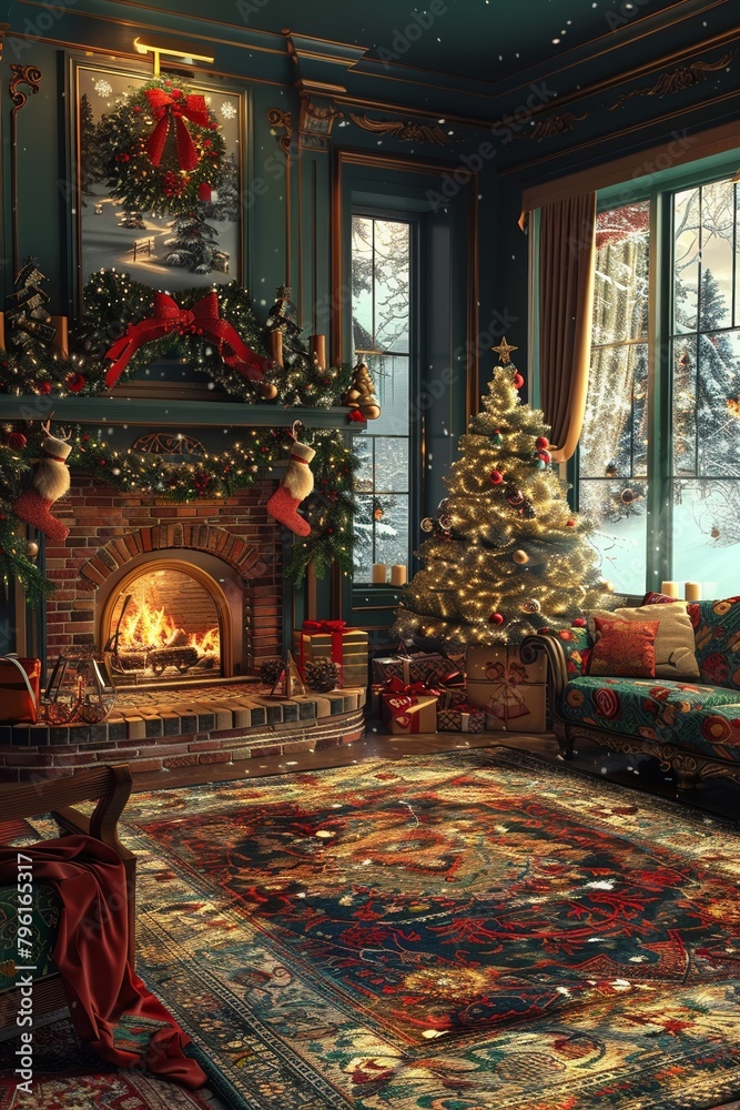 Cozy digital home decorated for Christmas in a cyberworld, complete with a crackling virtual fireplace and animated snow scenes on the walls , Pop art style