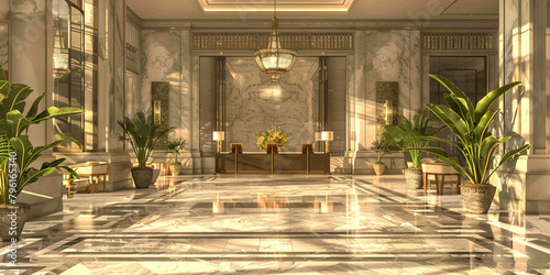 Luxurious Hotel Lobby  Elegant Marble Floors  Opulent Chandeliers  and Lush Greenery Adorning the Ambiance of Exclusivity and Grandeur