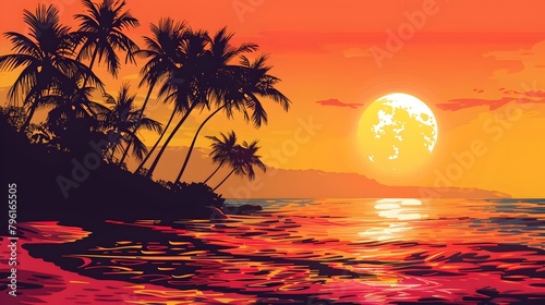 Breathtaking Tropical Beach Sunset Silhouette Landscape with Palm Trees Against Glowing Orange Sky