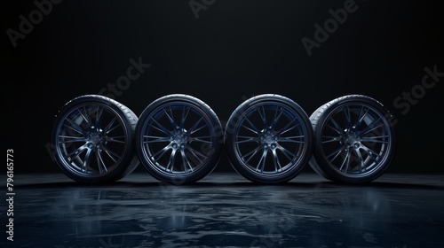 Four car tires with high-performance alloy wheels arranged symmetrically on a dark, reflective surface. photo