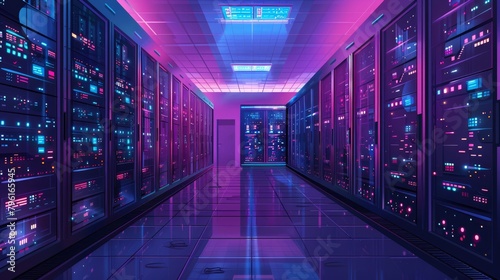 Internet Infrastructure: A vector illustration of a server room filled with blinking lights and network equipment
