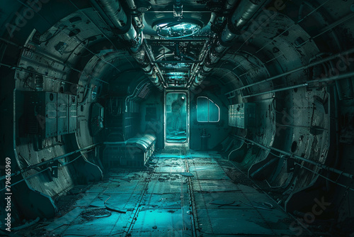 Silent abandoned spaceship interior with a ghostly aura