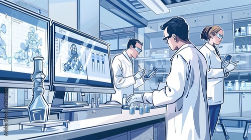 Team of Medical Researchers Analyzing Data on Computer Screen in Modern Laboratory photo