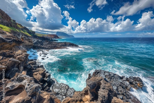 A rugged coastline panorama showcasing dramatic cliffs, hidden coves, and crashing turquoise waves under a vast, cloud-filled sky
