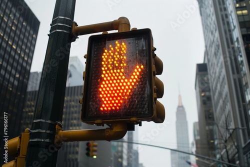 A close-up of a pedestrian traffic signal with a red hand indicating stop, with cityscape background. photo