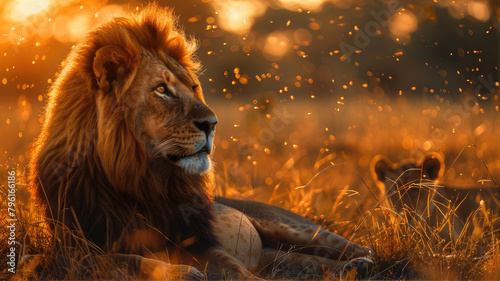 Masai lion and cub rest in grass at sunset  Felidae  carnivores with golden fur