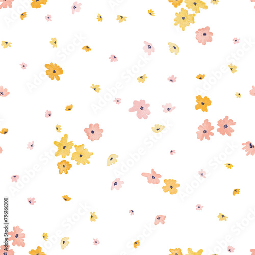 Baby floral ditsy pattern. Orange and pink kids summer flowers. (ID: 796166300)