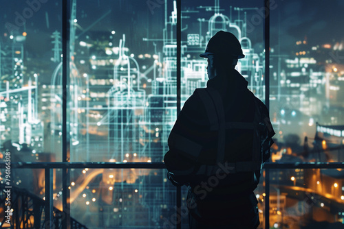 Silhouette of a construction manager with construction planning software and building sites 