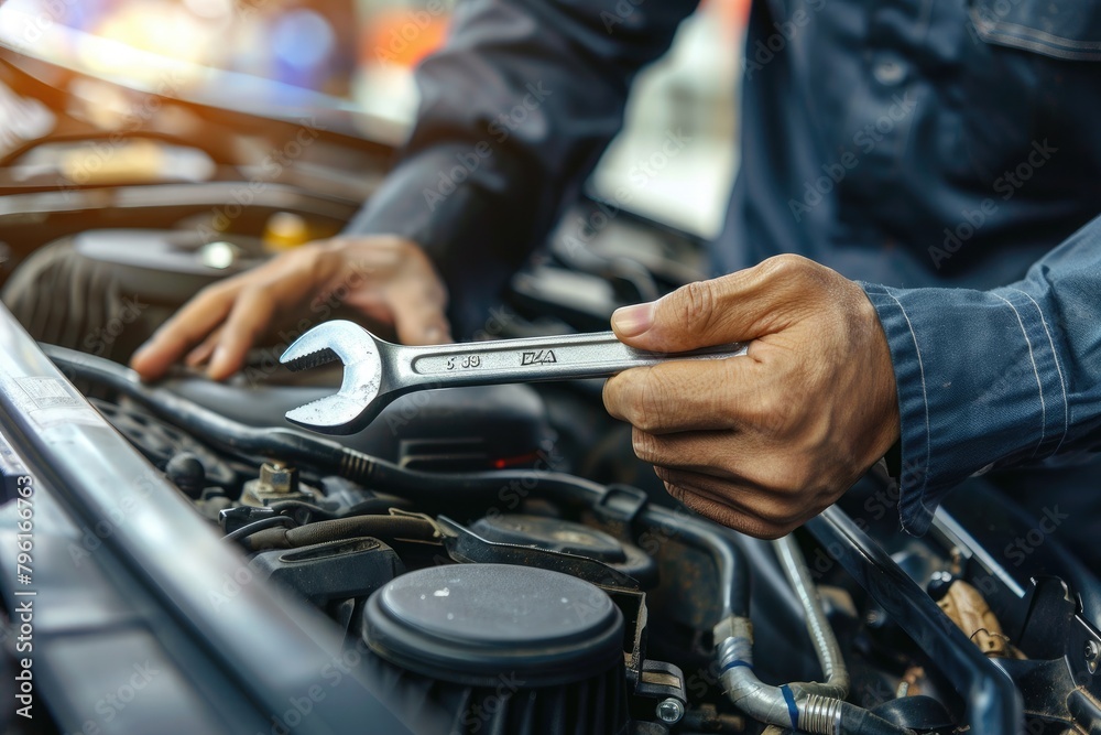 Auto mechanic repairing car engine in auto repair shop. Car service and maintenance concept